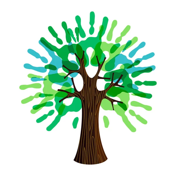 Símbolo Del Árbol Con Manos Humanas Como Hojas Verdes Ilustración — Vector de stock