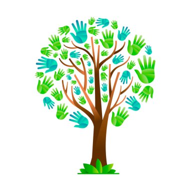 Ekoloji ağaç yeşil insan elleri yaptı. Doğa yardım kavramı, çevre grubu ya da toprak bakım çalışması. Eps10 vektör.