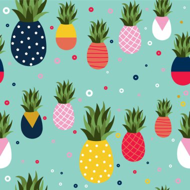 Ananas Dikişsiz desen illüstrasyon, renkli memphis retro tarzı meyve arka plan. Yaz için soyut geometrik şekil dekorasyon. Eps10 vektör.
