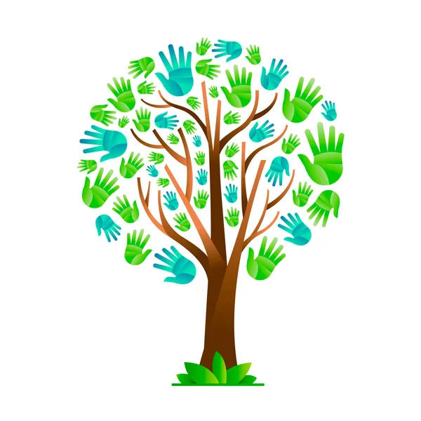 Árbol Ecológico Hecho Manos Humanas Verdes Naturaleza Ayuda Concepto Grupo — Vector de stock