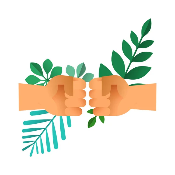 Кулак Стискає Руки Зеленим Листям Ізольованому Фоні Природа Допомагає Командній — стоковий вектор