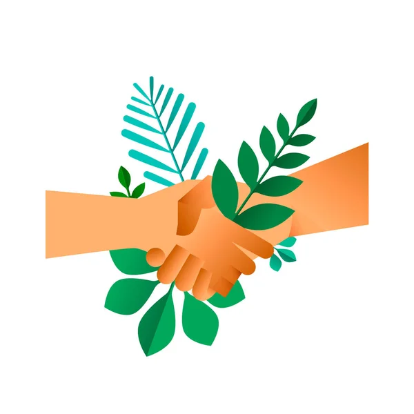 孤立した背景の緑の葉と握手 ビジネス契約概念図または地球ヘルプ契約 Eps10 ベクトル — ストックベクタ