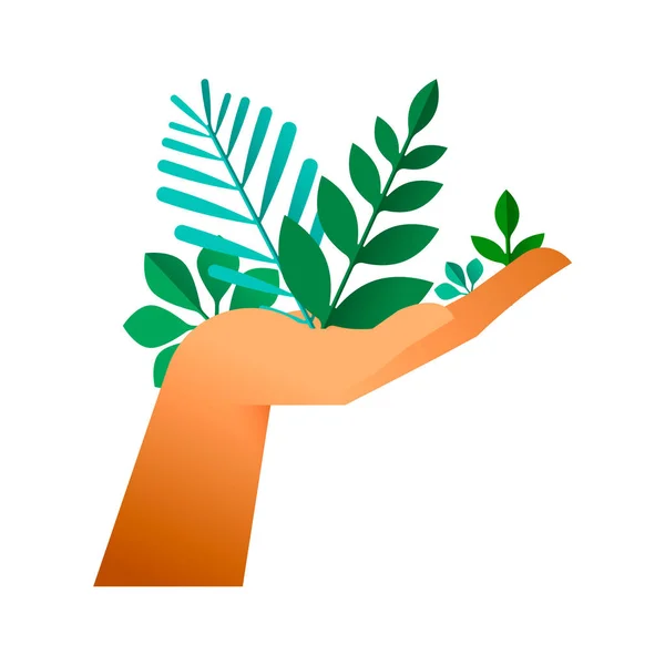 Человеческая Рука Держит Зеленые Листья Обхватывая Жест Изолированном Фоне Концепция — стоковый вектор