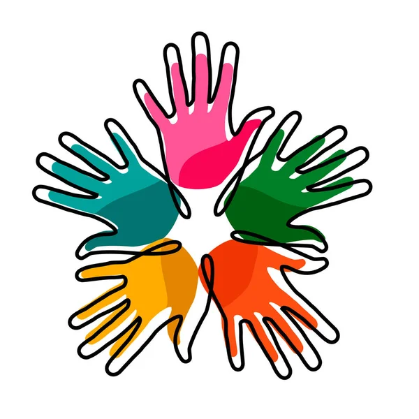 Человеческие Руки Нарисованные Одной Сплошной Линией Концепция Помощи Сообществу Благотворительный — стоковый вектор