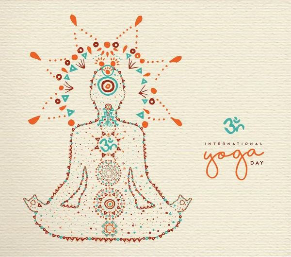 Uluslararası Yoga Günü Kartı Kişi Lotus Poz Rahatlatıcı Hint Kültürüne — Stok Vektör