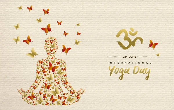 国際的なヨガの日グリーティング カード 特別なイベント 蓮のポーズで瞑想の女性はゴールド バタフライ装飾 リラクゼーションの運動図から成っています Eps10 ベクトル — ストックベクタ