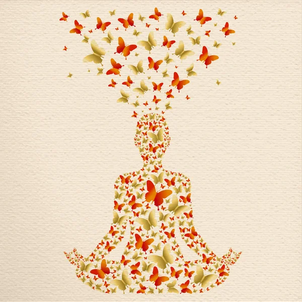 ロータスもヨガのポーズをしている人のシルエット 瞑想の練習の図はゴールド バタフライ装飾 禅リラクゼーション フィットネスと健康のために成っています Eps10 ベクトル — ストックベクタ