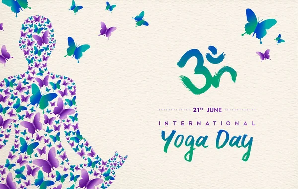Internationella Yoga Dag Gratulationskort För Speciella Evenemang Kvinna Som Mediterar — Stock vektor