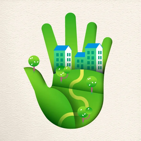 绿色人手在剪纸艺术风格与智能城市景观 概念的环境保育或可持续的房子 Eps10 — 图库矢量图片