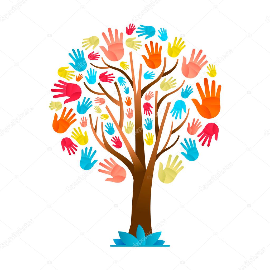 Tree made of colorful human hands in branches. Community help concept, diverse culture group or social project. EPS10 vector.