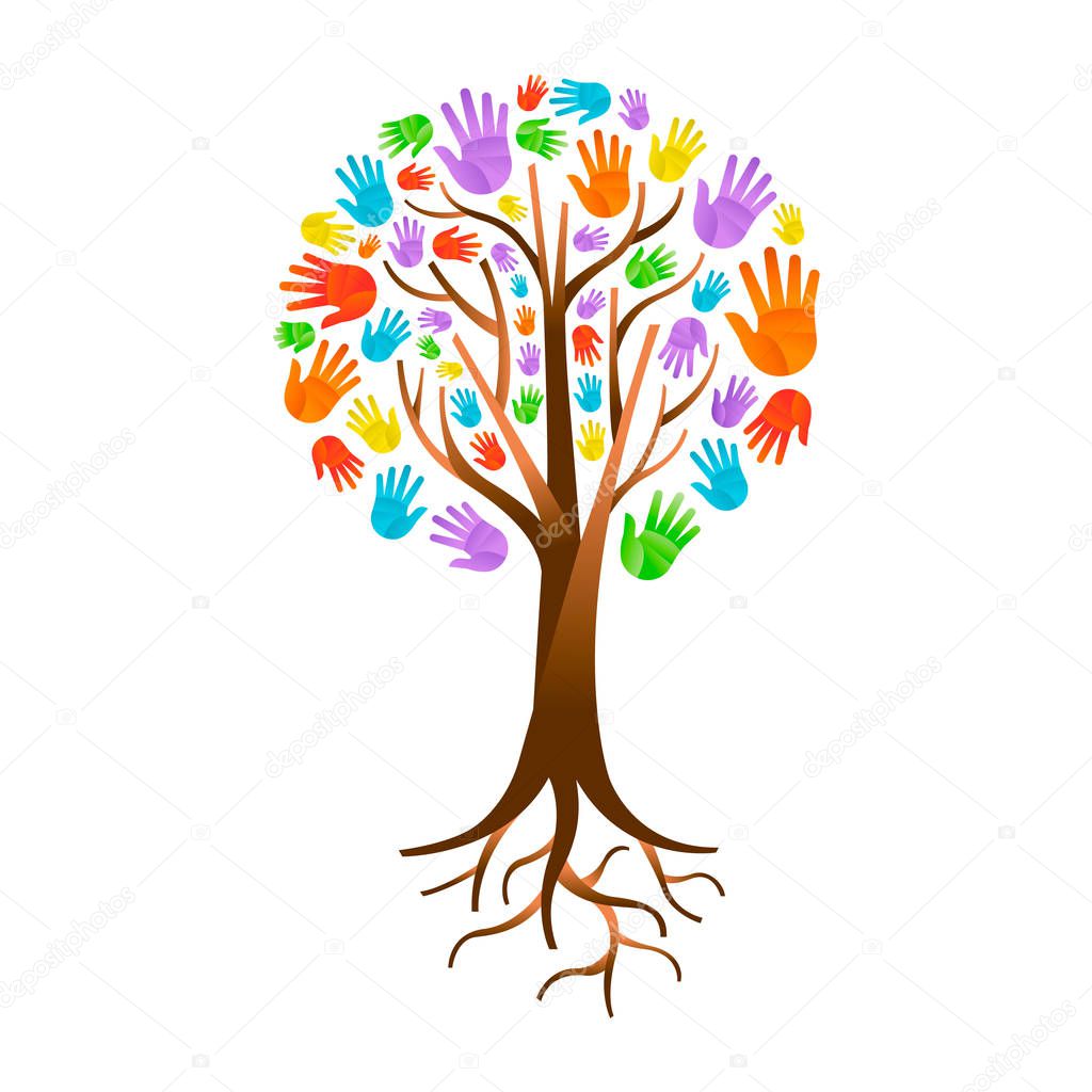 Tree made of colorful human hands with branches and roots. Community help concept, diverse culture group or social project. EPS10 vector.
