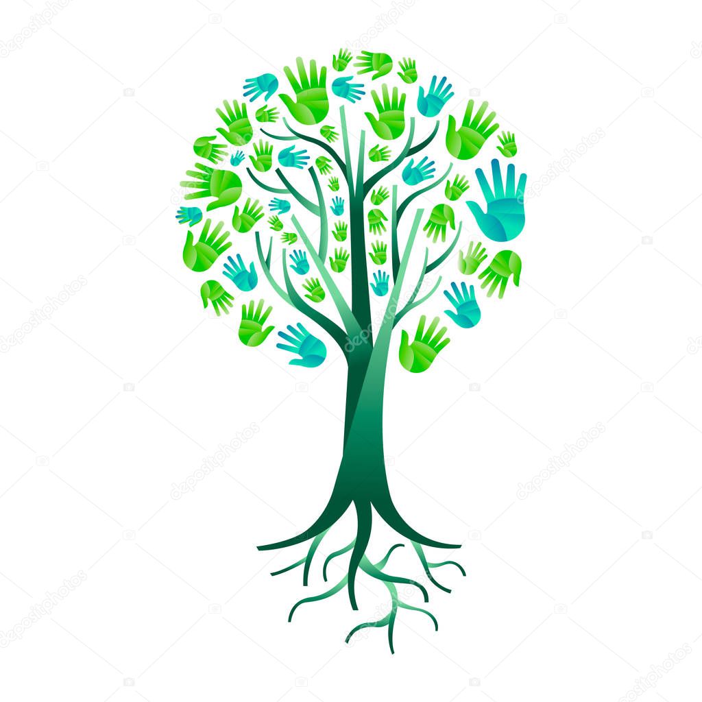 Tree made of green human hands with branches and roots. Nature help concept, Environment group or earth care teamwork. EPS10 vector.