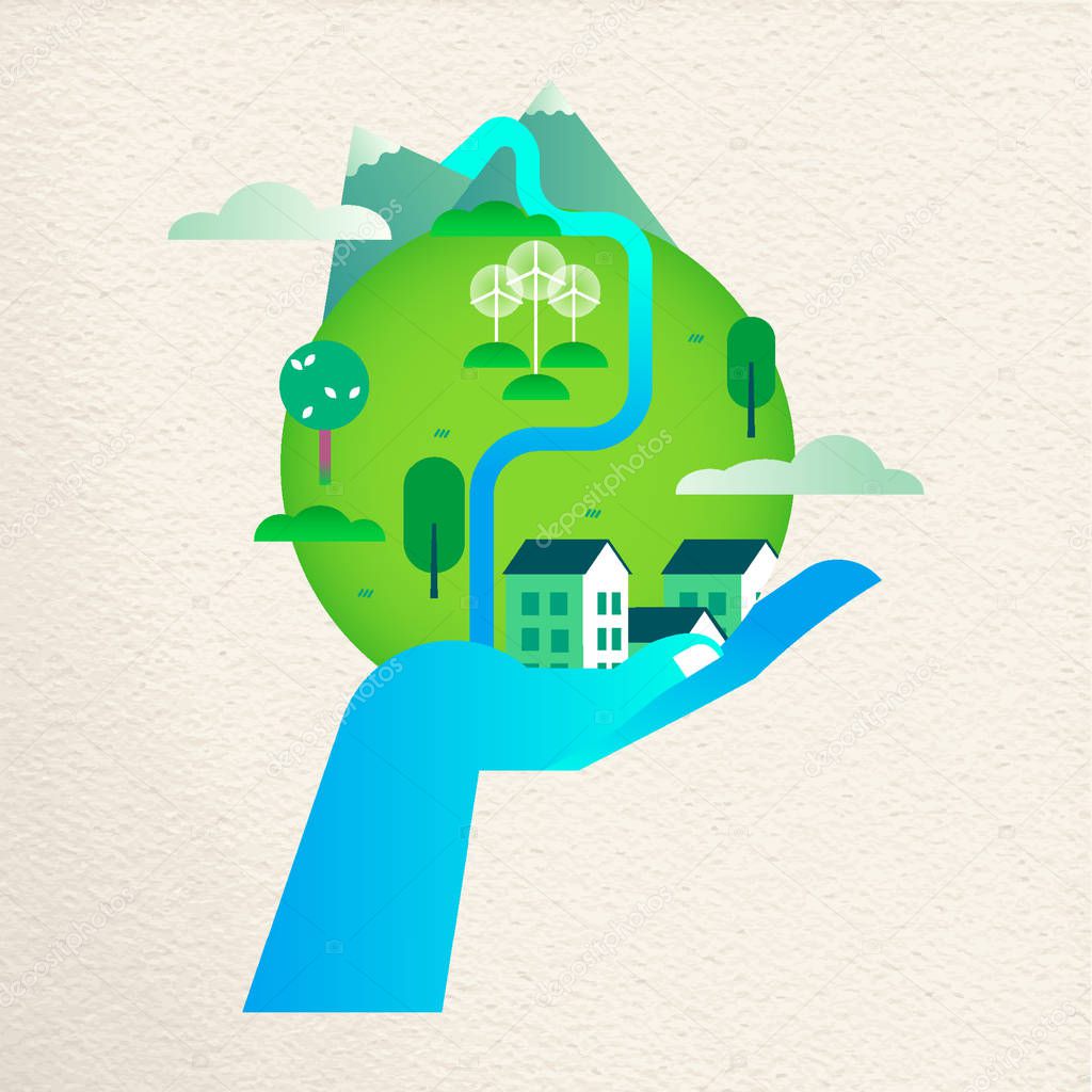 Human hand holding green planet earth. Environment care concept for nature help. Sustainable community with wind mill turbine and smart houses. EPS10 vector.