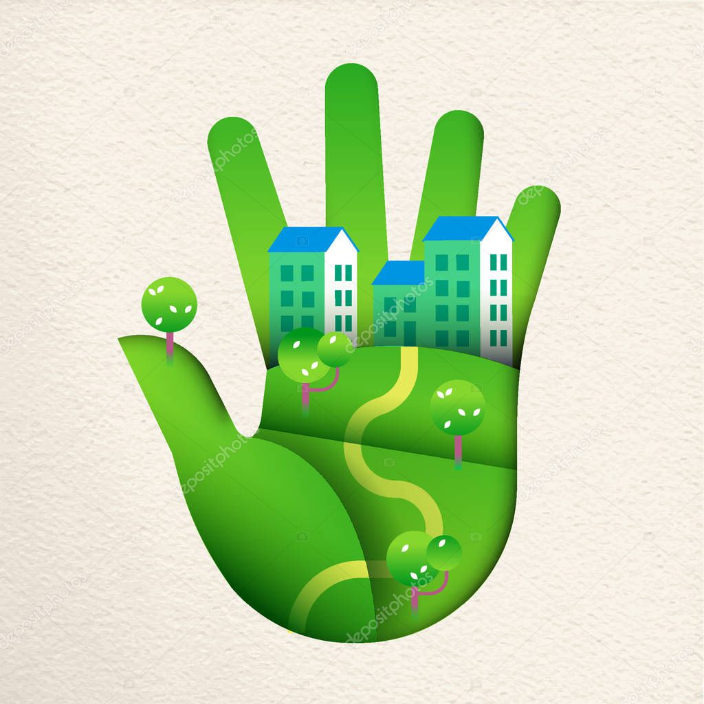 Green human hand in paper cut art style with smart city landscape, concept for environment care or sustainable houses. EPS10 vector.
