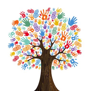 Tree with colorful human hands together. Community team concept illustration for culture diversity, nature care or teamwork project. EPS10 vector. clipart