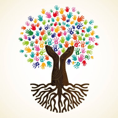 Renkli insan eli ile ağaç sembolü. Konsept illüstrasyon organizasyon yardım, çevre projesi veya sosyal çalışmalar için. Eps10 vektör