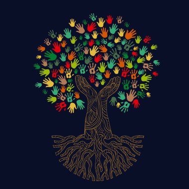 Renkli insan eli ile ağaç sembolü. Konsept illüstrasyon organizasyon yardım, çevre projesi veya sosyal çalışmalar için. Eps10 vektör