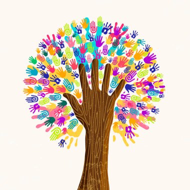 Ağaç ile renkli insan el ele tutusun. Topluluk takım kavramı Gösterim amacıyla kültür çeşitliliği, doğa bakım veya ekip çalışması projesi. Eps10 vektör.