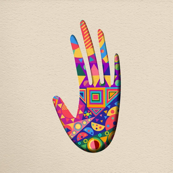 Menselijke Hand Met Kleurrijke Vorm Decoratie Geïsoleerde Achtergrond Papier Knipsel — Stockvector