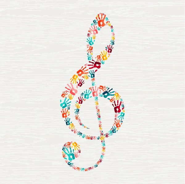 Menselijke Hand Afdrukken Muzieknoot Vorm Concept Kleurrijke Verf Handafdruk Achtergrond — Stockvector