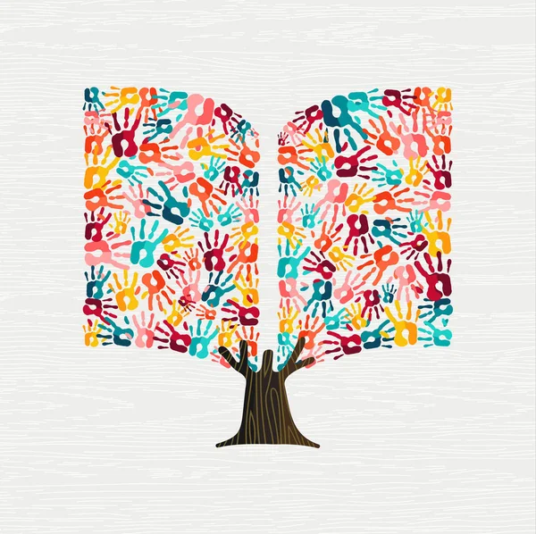 树由五颜六色的人的手在书形状 社区图书馆概念 教育或社会项目 Eps10 — 图库矢量图片