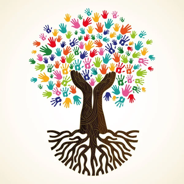 Symbole Arbre Avec Des Mains Humaines Colorées Illustration Conceptuelle Pour — Image vectorielle