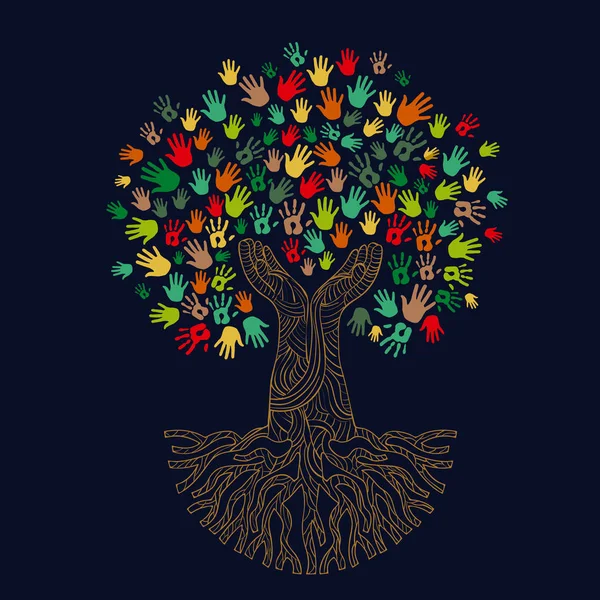 Baumsymbol Mit Bunten Menschenhänden Konzeptillustration Für Organisationshilfe Umweltprojekt Oder Sozialarbeit — Stockvektor