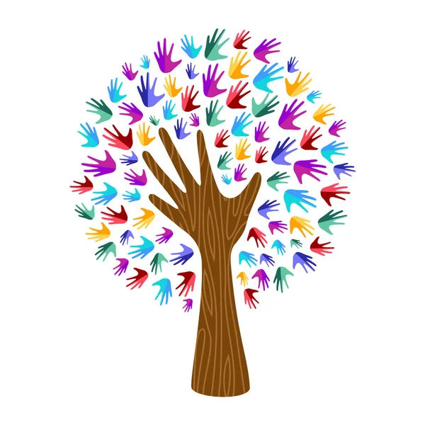 Träd Med Färgglada Mänskliga Händer Tillsammans Gemenskapens Team Konceptet Illustration — Stock vektor