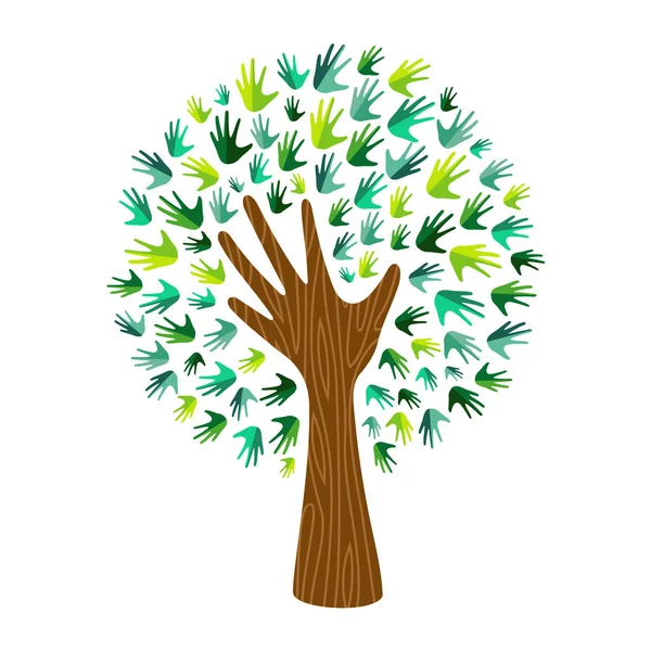 Dłoń Drzewo Sztuki Drewna Tekstury Zielonych Liści Ilustracja Koncepcja Dla — Wektor stockowy