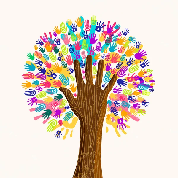 Árbol Con Manos Humanas Coloridas Juntas Ilustración Del Concepto Equipo — Vector de stock