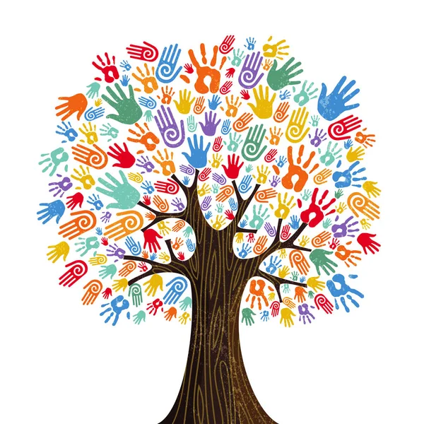 Tree with colorful human hands together. Community team concept illustration for culture diversity, nature care or teamwork project. EPS10 vector. — Stock Illustration Tree Colorful Human Hands Together Community Team Concept Illustration Culture Stock Vector
