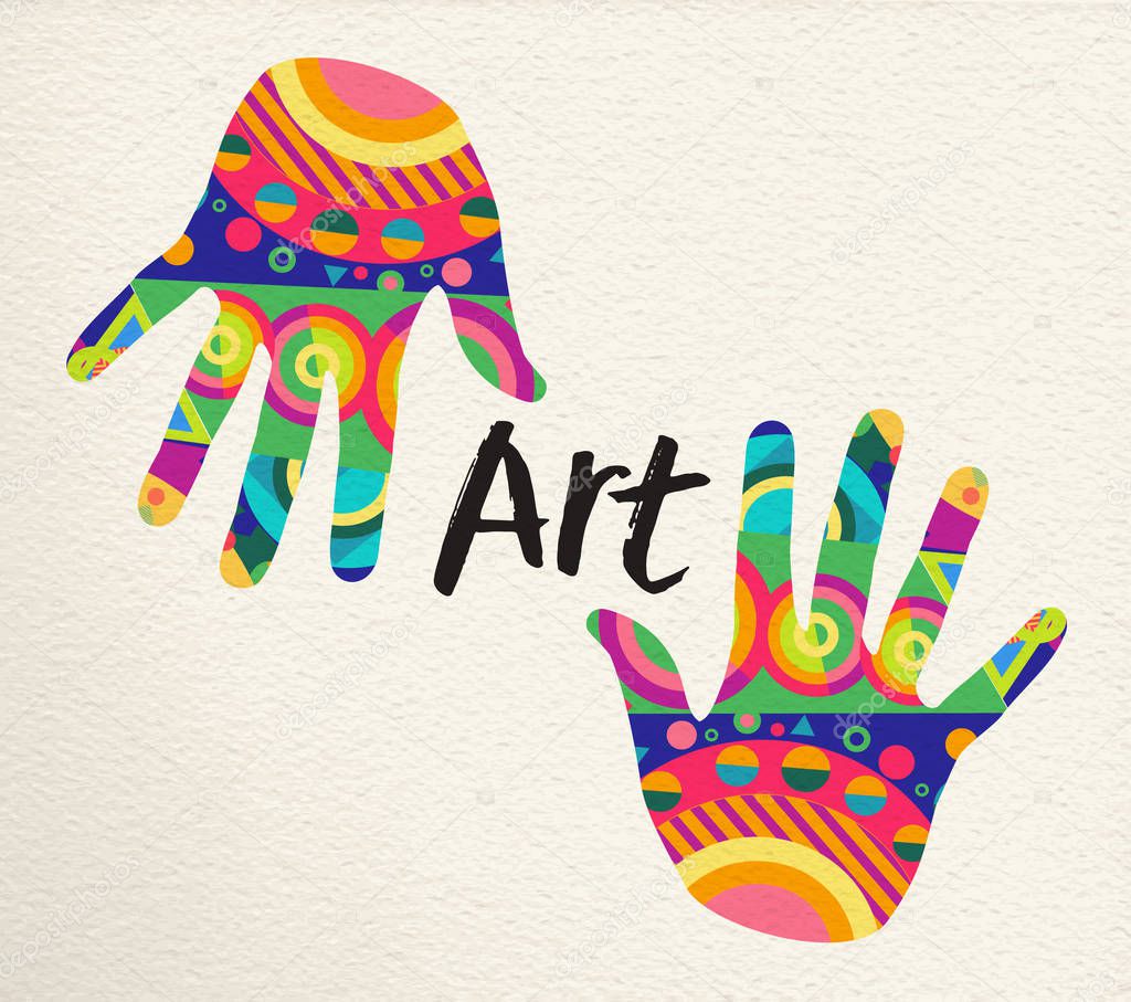 Colorful human hands for art concept. Hand prints with abstract color shape decoration on paper texture background. EPS10 vector.