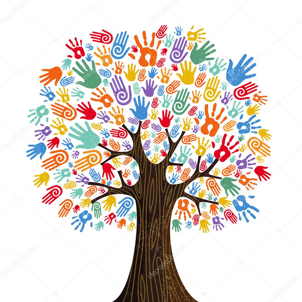 Tree with colorful human hands together. Community team concept illustration for culture diversity, nature care or teamwork project. EPS10 vector.