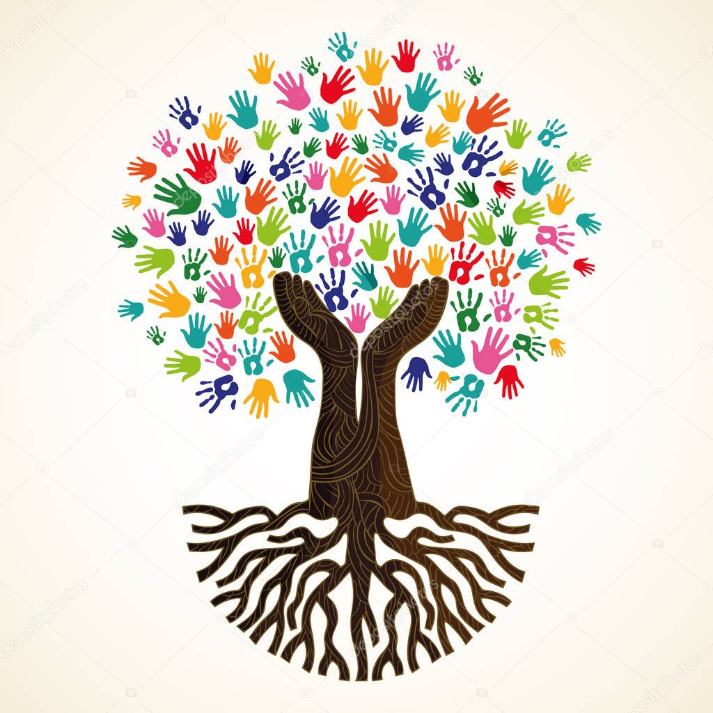 Tree symbol with colorful human hands. Concept illustration for organization help, environment project or social work. EPS10 vector