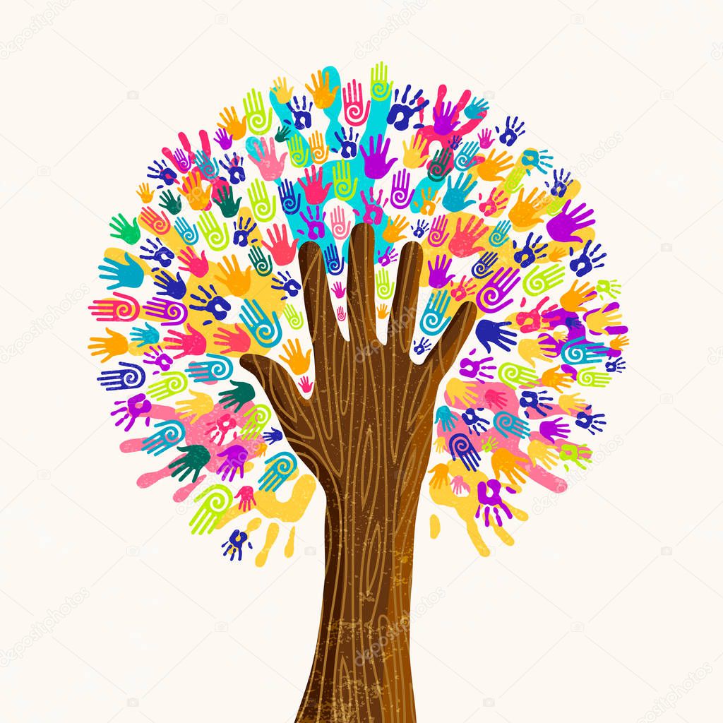 Tree with colorful human hands together. Community team concept illustration for culture diversity, nature care or teamwork project. EPS10 vector.