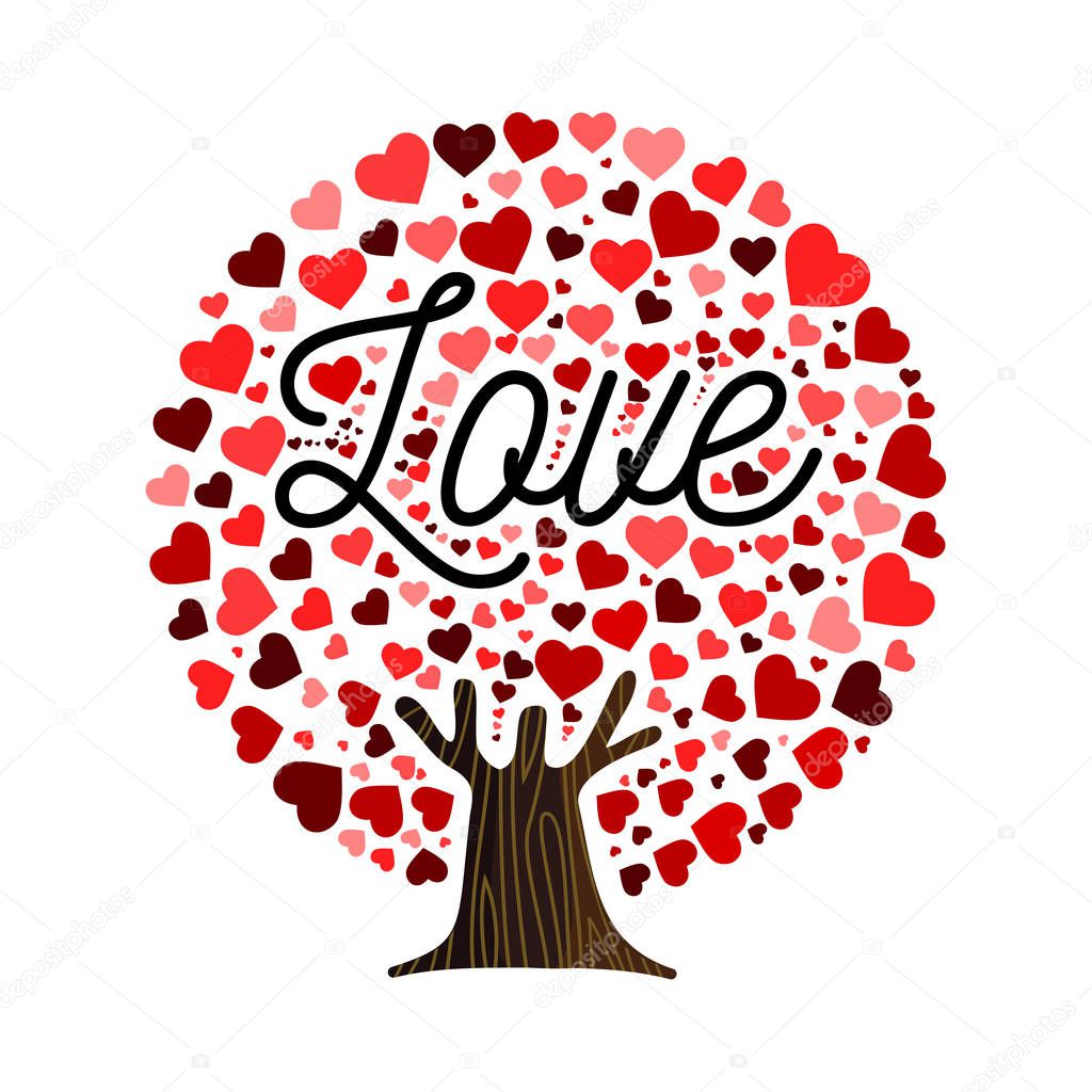 Love tree art with heart shape leaves. Concept illustration for valentines day or romantic greeting card. EPS10 vector.