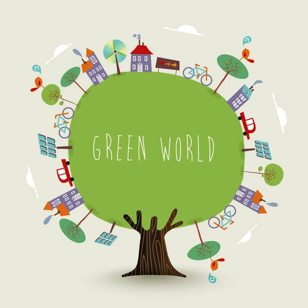 树与绿色行星地球 可持续的城市 环保概念包括电动车 风力涡轮机 自行车和太阳能电池板的自然帮助 Eps10 — 图库矢量图片