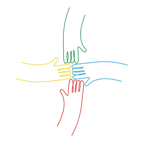 Menselijke Handen Samen Kleurrijke Kaderstijl Geïsoleerd Wit Gemeenschap Team Concept — Stockvector