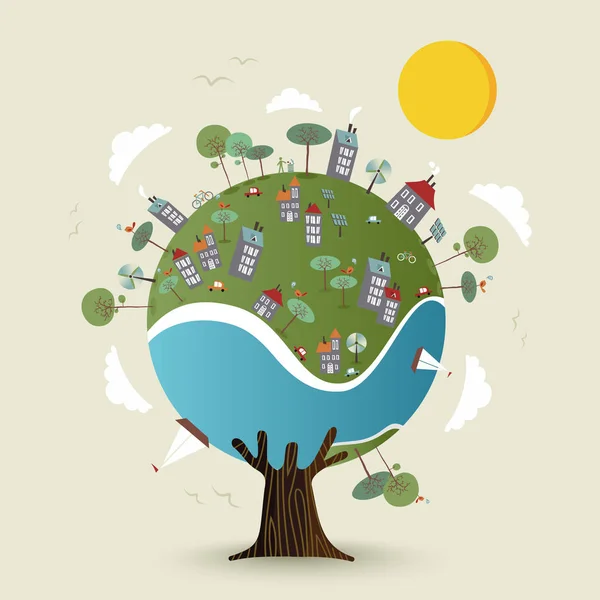 Strom Zelené Planety Země Udržitelné Město Koncepce Péče Životní Prostředí — Stockový vektor