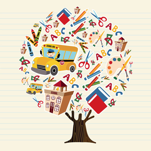 Tree made of kids class icons, children education concept. Educational illustration for back to school with bus, crayons and supplies. EPS10 vector.