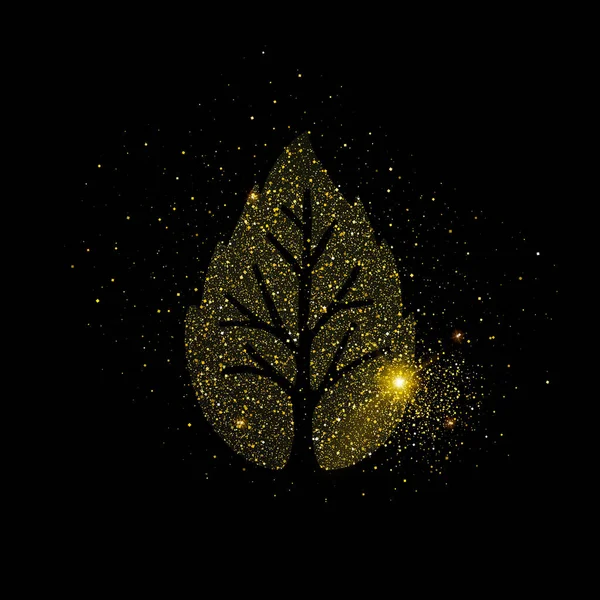 Árbol Oro Hecho Polvo Brillo Dorado Sobre Fondo Negro Aislado — Vector de stock