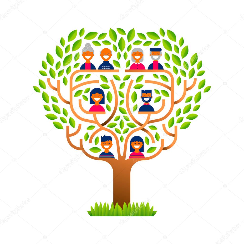 Big family tree template concept with people icons for life generations history. Includes kids, parents and grandparents. EPS10 vector.