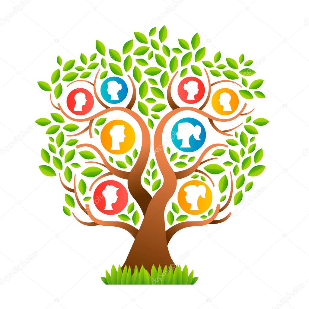 Family tree template concept with people icons, colorful design for life generations history. Includes kids, parents and grandparents. EPS10 vector.