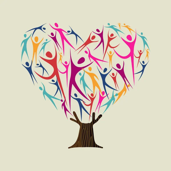 Drzewo Kształt Serca Ludzi Kolorowych Sylwetek Koncepcja Pomocy Wspólnoty Różnorodnej — Wektor stockowy
