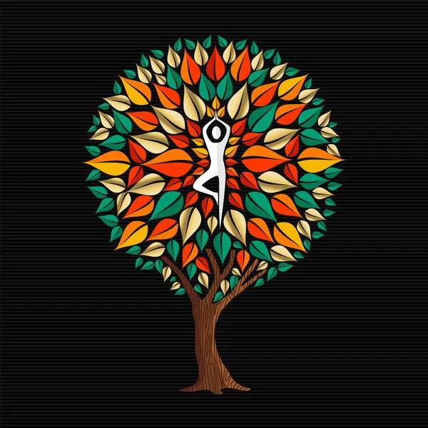 Ioga Ilustração Conceito Mulher Meditando Árvore Posar Com Decoração Outono — Vetor de Stock