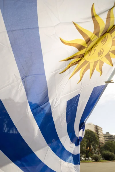 Uruguayische Flagge Hintergrund Des Straßenmarktes Der Stadt Montevideo Uruguay Landeswappen — Stockfoto