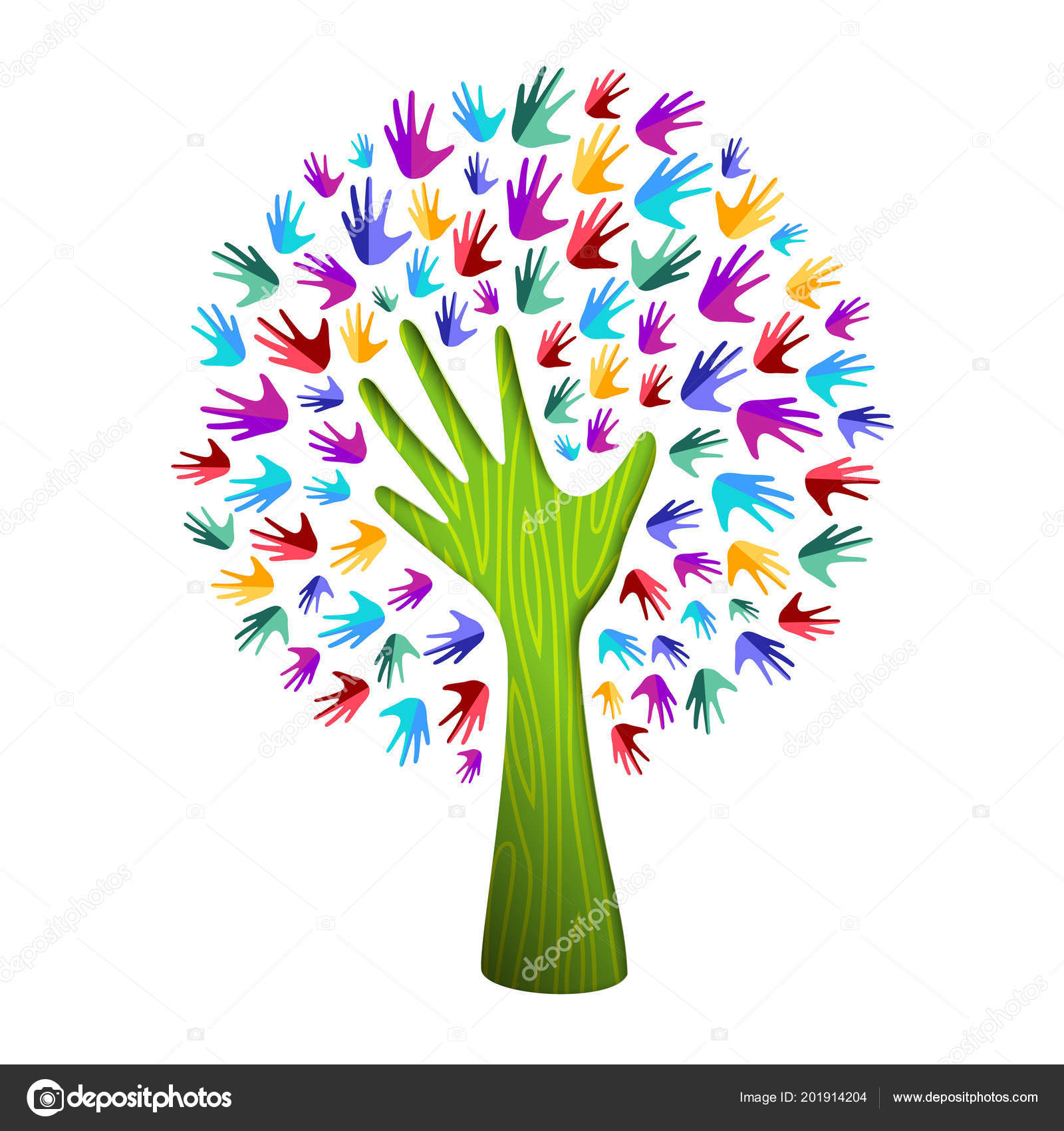 Árbol Con Manos Humanas Coloridas Juntas Papel Recortado Estilo