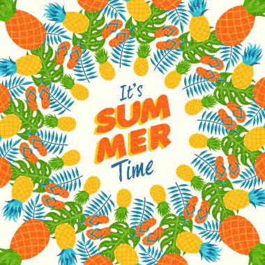 Tropikal ananas meyve ve tipografi teklifle tasarım mutlu yaz tebrik kartı. Eps10 vektör