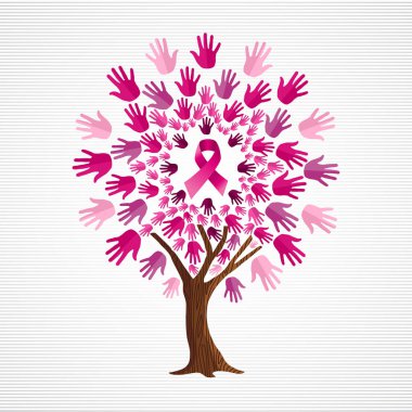 Meme Kanseri Farkındalık ay konsept illüstrasyon destek için. Ağaç pembe kampanya şeritler ve insan eli yapılmış. Eps10 vektör