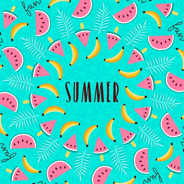 愉快的夏季贺卡设计与热带艺术和排版报价 包括香蕉 棕榈叶 Eps10 — 图库矢量图片